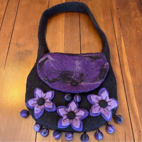 VTG Rising Tide Boiled Felted Wool Purse/Handbag Hand Made In Nepal Boho Flowers - Picture 1 of 11